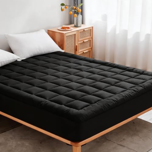 Mattress Pad Cover with Stretches to 18” Deep Pocket Fits Up to 8”-21” Cooling Bed Topper,Soft and Breathable Mattress Protector Cover (Black, Twin)
