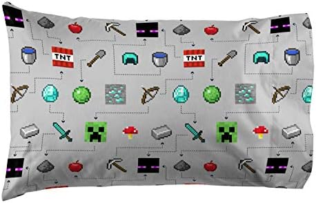 Jay Franco Kids Sheet Set with Fitted, Flat Sheets & Pillow Cover - Ultra-Soft Bedding with Pillowcase for Room Decor, Gray - Minecraft, 4 Piece Queen