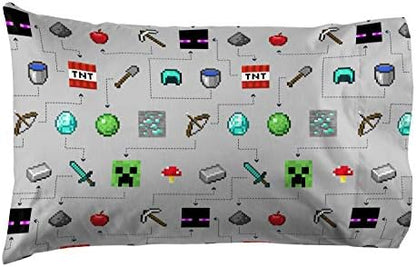 Jay Franco Kids Sheet Set with Fitted, Flat Sheets & Pillow Cover - Ultra-Soft Bedding with Pillowcase for Room Decor, Gray - Minecraft, 4 Piece Queen