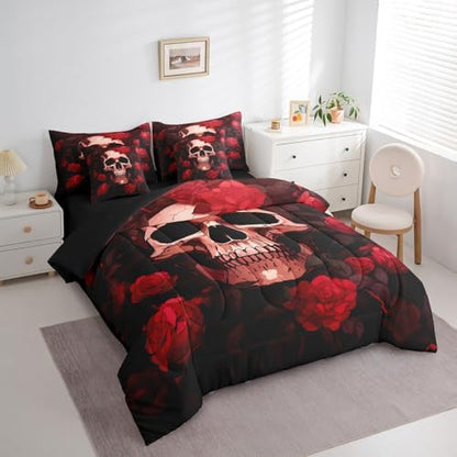 Erosebridal 7Pcs Rose Skull Comforter Set Twin Size,Vintage Rose Skull Anchor Bedding Set,Halloween Goth Bed in A Bag,Black Red Death Romance Sheet Set with Comforter
