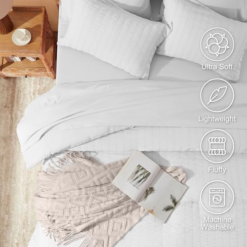 Laojin Balhen Twin Comforter Set 5 Pieces, White Seersucker Bed in a Bag Set Twin Size, All Season Luxury Bedding Sets with Comforter, Sheets, Pillowcase & Sham