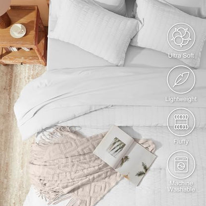 Laojin Balhen King Size Comforter Set 7 Pieces, White Seersucker Bed in a Bag Set King Size, All Season Luxury Bedding Sets with Comforter, Sheets, Pillowcase & Sham