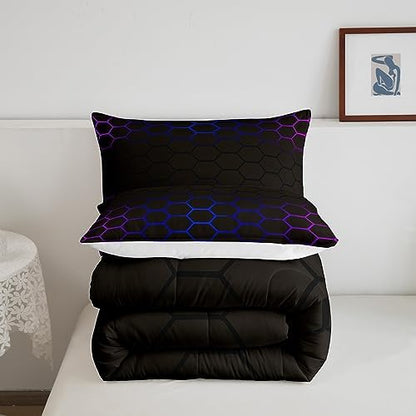 Feelyou Purple Blue Ombre Hexagon Comforter Set King Size, Geometrics Honeycomb Bedding Set for Boys Girls Hexagonal Geometrical Blue Black Comforter Abstract Duvet Set Microfiber Bed Set