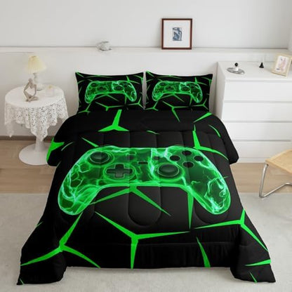 Castle Fairy Black Green Games 3 Pcs Queen Size Comforter Set,Geometric Honeycomb Gaming Down Alternative Adults Room Decor,Game Controller Ultra Soft Microfiber Inner Fill 3Pcs Bedding