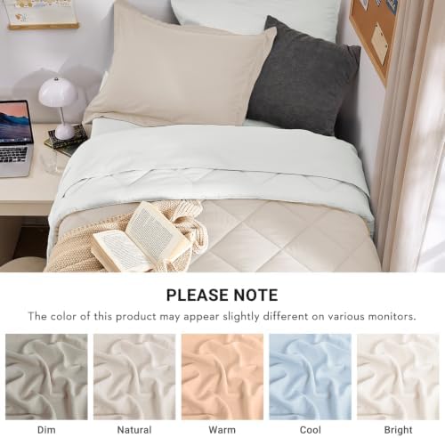 MUXHOMO 5 Pieces Twin XL Comforter Set, Reversible Bed in a Bag Twin XL Size, All Season Bedding Set with Comforter, Flat Sheet, Fitted Sheet, Pillowcases & Shams, Beige & White