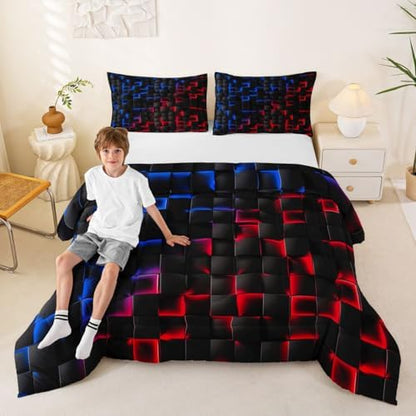 Erosebridal Geometric Checkered Boys Bedding Set King Size Neon Red Blue Comforter Set for Kids Teen Men Gamer Room Decor,Abstract Ombre Plaid Comforter Grids Quilt Duvet Black