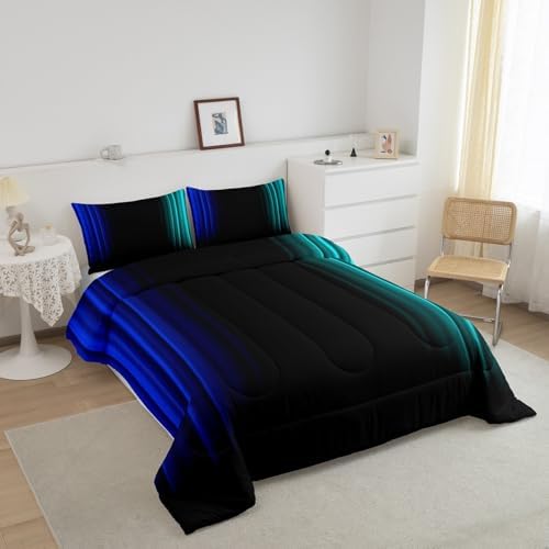 Feelyou Teens Abstract Ombre Decorations Bedding Set for Kids Women Blue Teal and Black Comforter Set Geometric Modern Quilt Set Room 3Pcs Full Size