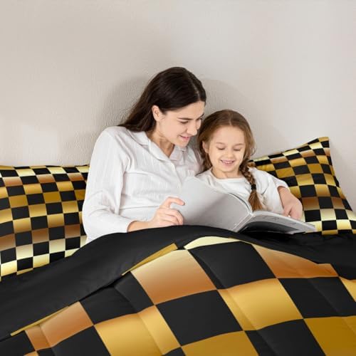 Feelyou Checkered Comforter Set All Season Modern Geometric Golden Yellow Bedding Set with 1 Pillow Cases Cute Neutral Plaid Kids Twin Bedclothes Vintage Aesthetic Bedroom Decor Duvet Quilt