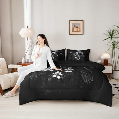 Erosebridal Gothic Raven 7 Piece Bedding Set Queen Halloween Moon Comforter Set with Sheets Vintage Florals Bed in a Bag Mysterious Dark Black Bird Horror Wildlife Bed Sets Comforter