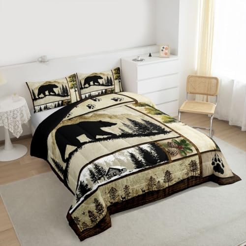 Erosebridal Black Bear Comforter Set King Size Wild Animal Bear Deer Print Bedding for Boys Girls Men Hunting Themed Bedding Comforter Sets Grids Patchwork Decor Duvet Insert Western Farmstyle Quilt