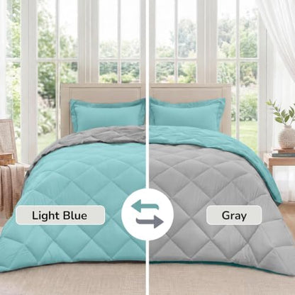 downluxe Twin Comforter Set Soft Reversible 2 Pieces, Light Blue/Gray