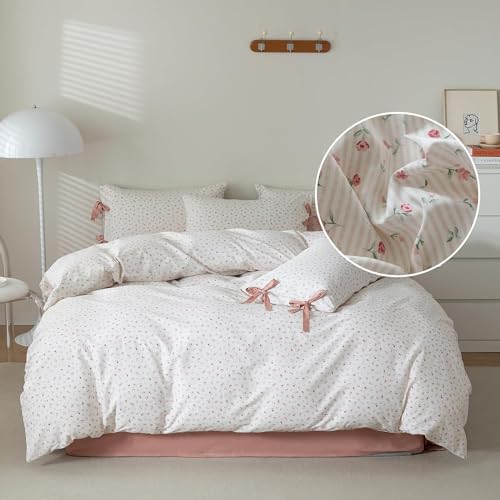Girls Pink Floral Comforter Set Queen 3 Pieces Floral Cottagecore Bedding Comforter with 2 Bowknot Pillowcases Soft Fluffy Pink Stripes Bedding Set Aesthetic Cute Flowers Comforter Set for Girls Women