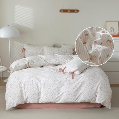 Girls Pink Floral Comforter Set Queen 3 Pieces Floral Cottagecore Bedding Comforter with 2 Bowknot Pillowcases Soft Fluffy Pink Stripes Bedding Set Aesthetic Cute Flowers Comforter Set for Girls Women