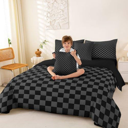 jejeloiu Black Grey Plaid Comforter Set with Sheets 7 Piece Queen Size