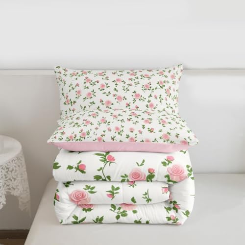 jejeloiu Pink Rose Flower Kids Comforter Set Toddler Size Cute Floral Bedding Set Botanical Duvet Quilt for Kids Boys Girls Bedroom Blossom Flowers Pattern Decor Microfiber Ultra Soft Breathable