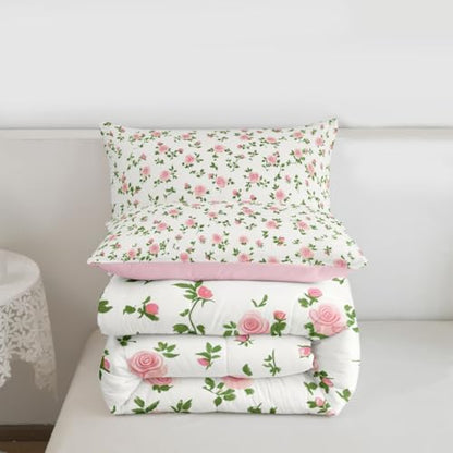 jejeloiu Pink Rose Flower Kids Comforter Set Toddler Size Cute Floral Bedding Set Botanical Duvet Quilt for Kids Boys Girls Bedroom Blossom Flowers Pattern Decor Microfiber Ultra Soft Breathable