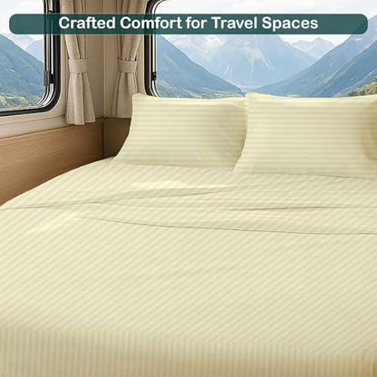NON Sticky cotton RV Short Queen 4 Piece Sheet Set, 100% Long Staple Cotton, Soft Cooling Hotel Luxury Bedding Sheets, Deep Pocket Fits 15" Mattress, 60" x 75", Ivory Stripe