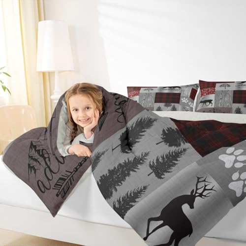 Deer Bear Comforter Set Queen,Vintage Rustic Farmhouse Quilt Set Brown Red Geometric Plaid Patchwork Bedding Set for Kids Teens Adults Room Decor,Pine Animals Plants Duvet Insert,2 Pillowcases