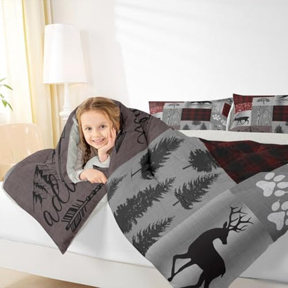 Deer Bear Comforter Set Queen,Vintage Rustic Farmhouse Quilt Set Brown Red Geometric Plaid Patchwork Bedding Set for Kids Teens Adults Room Decor,Pine Animals Plants Duvet Insert,2 Pillowcases