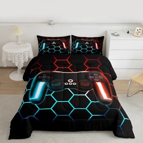 Gamer Bedding Sets for Boys Full Size Gaming Comforter Set for Kids Young Man,Gradient Diamond Shape Down Comforter Game Home Decor 3 Piece,Neon Light Game Controller Quilted Duvet + 2 Pillow Shams