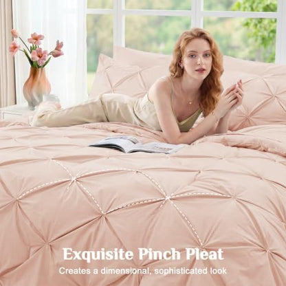 JOLLYVOGUE Full Size Comforter Sets 7 Pieces - Bed in a Bag Full for All Season, Pintuck Bedding Comforter Sets with Comforter, Flat Sheet, Fitted Sheet and Pillowcases & Shams, Blush Pink
