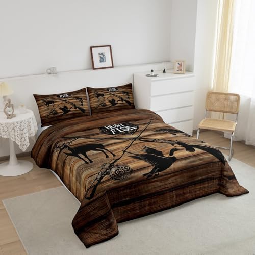 Retro Hunt Fish Comforter Set Twin Size,Retro Farm Wooden Board Quilt Set for Kids Boys Bedroom Collection,Deer Bird Fish Animal Hunting Polyester Bedding with 1 Pillowcase,2Pcs