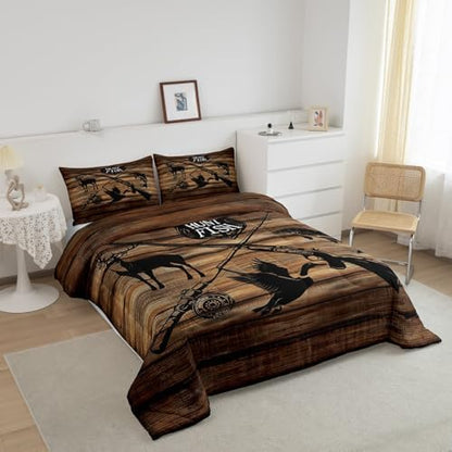 Retro Hunt Fish Comforter Set Twin Size,Retro Farm Wooden Board Quilt Set for Kids Boys Bedroom Collection,Deer Bird Fish Animal Hunting Polyester Bedding with 1 Pillowcase,2Pcs