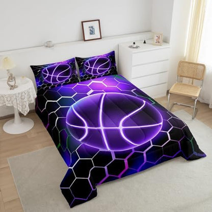 Manfei Purple Basketball Comforter Set King Size, Honeycomb Hexagon Quilt Set with 2 Pillowcases, Colorful Neon Light Lines Bedding Set 3pcs for Kids Boys Girls Sports Theme Duvet Insert