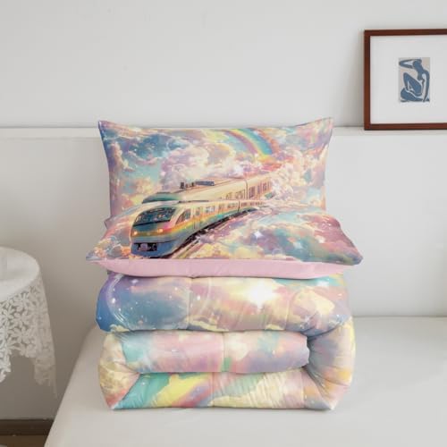 Homewish Rainbow Train Comforter Set Full Size,Colorful Cloud Sky Bedding Set 3Pcs for Kids Girls Boys Teens Room Decor,Rail Transit Vehicle Quilt Set Dreamy Fairy Tale Duvet Insert,2 Pillowcases