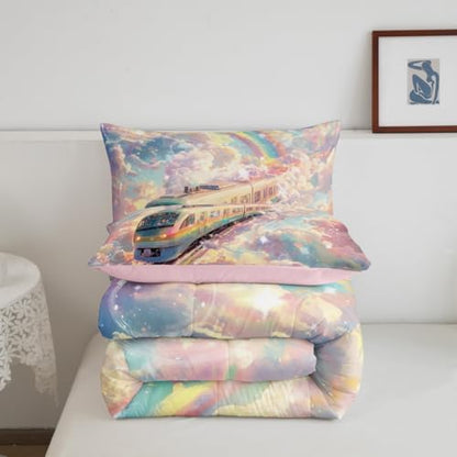 Homewish Rainbow Train Comforter Set Full Size,Colorful Cloud Sky Bedding Set 3Pcs for Kids Girls Boys Teens Room Decor,Rail Transit Vehicle Quilt Set Dreamy Fairy Tale Duvet Insert,2 Pillowcases