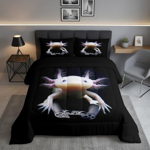 Castle Fairy Mexican Animal 3 Pcs King Size Comforter Set,Cute Axolotl Play Gamer Down Alternative Adults Bedroom Decor,Axolotl Ultra Soft Microfiber Inner Fill 3 Pcs Bedding