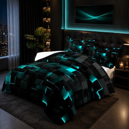 Geometric Turquoise Black Comforter Set,Light Honeycomb 3 Piece Bedding Set Twin Size for Teen Boys,Modern Quilt Set Geometry Decor,Microfiber Lightweight 1 Comforter 2 Pillowcases All Season