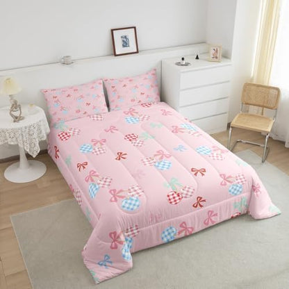 Homewish Pink Cherry Comforter Set King Size,Colorful Check Cherry Bedding Sets for Kids Girls Boys Adult Room Decor,Blue Pink Bowknots Down Comforter Cute Princess Style Quilt Set,2 Pillowcases
