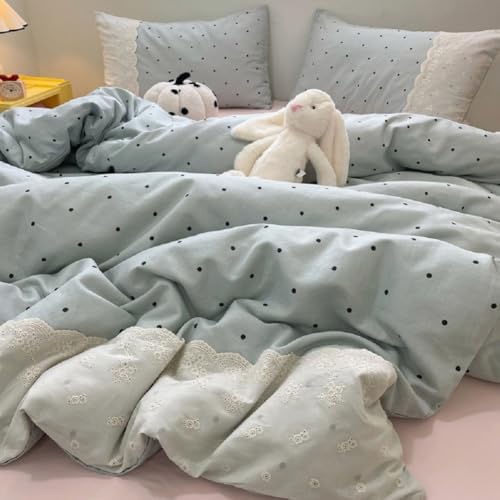 LifeTB Lace Comforter Set Full Size Cute Black Dots Bedding Set Lightweight Soft Girls Princess Style Comforter with 2 Pillowcases Romantic Lace Design Chic Polka Dots Comforter Set for All Seasons