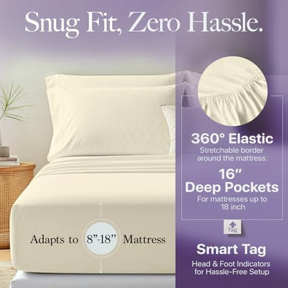 Carressa Linen 600 Series Split King Sheets Sets for Adjustable Bed, Ivory