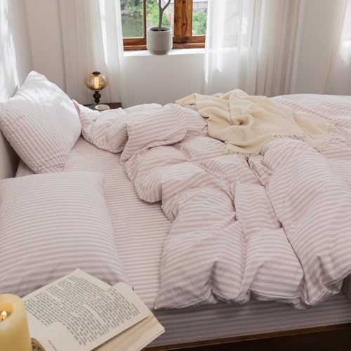 FOSSA Striped Duvet Cover Set 100% Washed Cotton Linen Feel Super King Plus