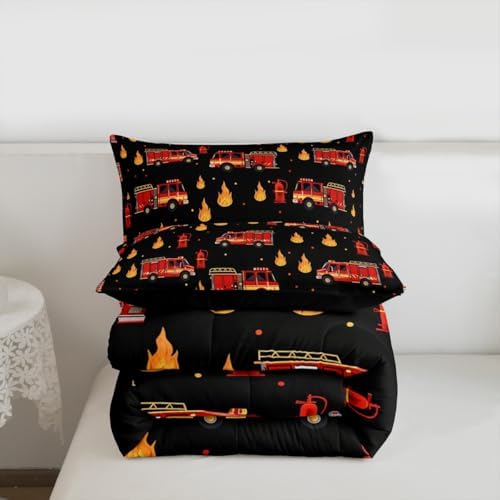 Erosebridal Fire Truck Bedding Set King for Boys, Cartoon Red Firemen Car Comforter Set for Firefighter Room Decor, Black and Red Comforter, Fire Engine Quilt with 2 Pillowcase, 3 Pcs