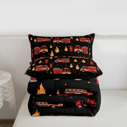 Erosebridal Fire Truck Bedding Set King for Boys, Cartoon Red Firemen Car Comforter Set for Firefighter Room Decor, Black and Red Comforter, Fire Engine Quilt with 2 Pillowcase, 3 Pcs