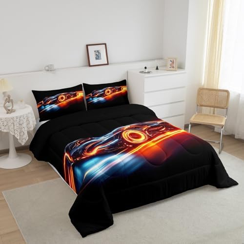 Erosebridal Boys Race Car King Bedding Set Kids Racing Car Comforter Extreme Sports Bed Set for Teens Cool Car Room Decor Car Sports Quilt Set 1 Comforter Set with 2 Pillowcases,Black Blue Orange