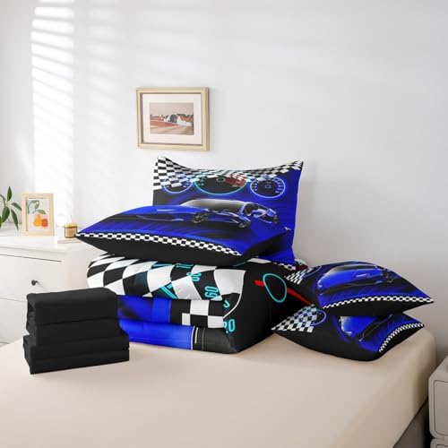Feelyou Blue Race Car Bed Set for Kids Boys Girls King Size Extreme Sports 7 Pieces Beeding Set Teen Adult Ultra Soft Speed Sports Car Bed in a Bag with Comforter, Sheets, Pillowcases Cool Car