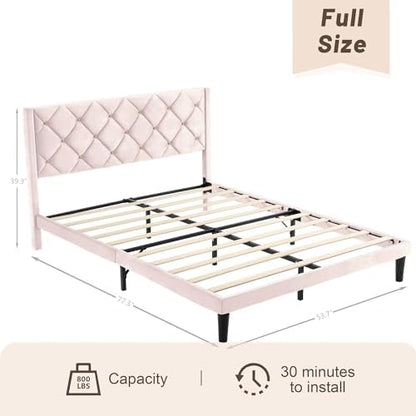 Full Size Platform Bed Frame with Velvet Headboard