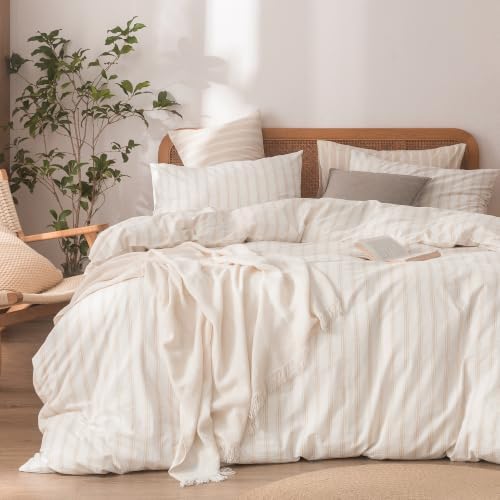 BESTOUCH Striped Cotton Duvet Cover Set Linen Feel Queen