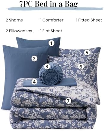 BLOOMHAVEN Queen Comforter Set-7 Pieces Blue Floral Bed in a Bag Queen