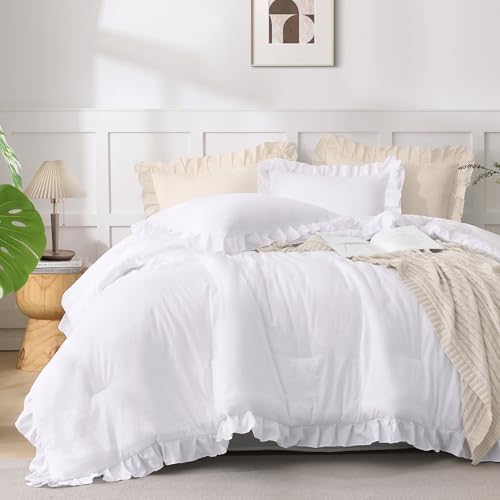 Andency Oversized Queen Ruffle Comforter Set White, 3 Pieces Solid Bedding