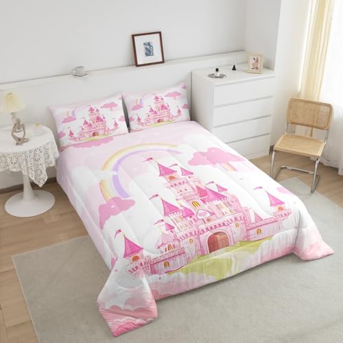 Feelyou Kids Twin Pink Castle Comforter Set Boys Rainbow Castle Bedding Set Girls Princess Comforter Fairy Tales Duvet Set Girls Bed Set 2Pcs