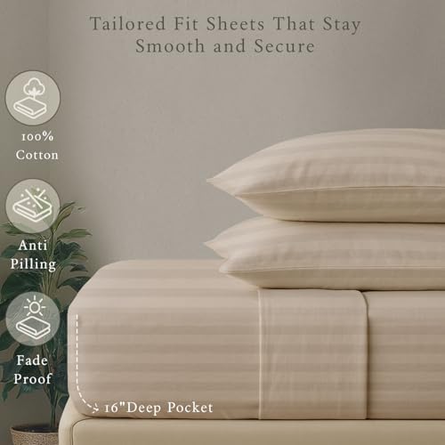 Threadmill 500TC Cotton Full Sheet Set, Damask Stripe, Light Beige, 4-Piece