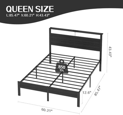 Liians Queen Size Black Metal Bed Frame with USB Type-C Charging Headboard, Smart LED Lights, Noise-Free Platform Bed, No Box Spring Needed, Easy Assembly