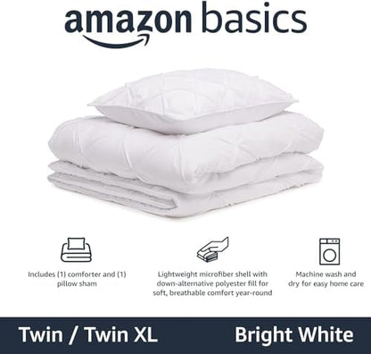 Amazon Basics Soft, Lightweight Twin Size Comforter Set, All-Season Down-Alternative 2-Piece Bedding Set, Pinch Pleat Design with Piped Edges, Twin/TwinXL, Bright White
