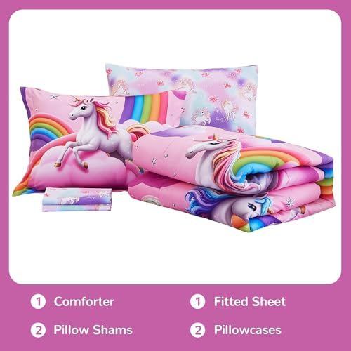 Viviland Kids Full Bedding Sets, Girls Comforter, Unicorn Pink Rainbow