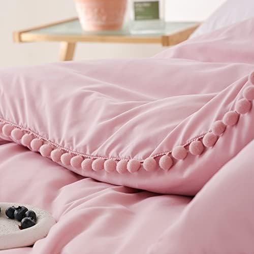 YIRDDEO Queen Comforter Set, Dust Pink Ball Pom Fringe Bedding Set 3 Pieces